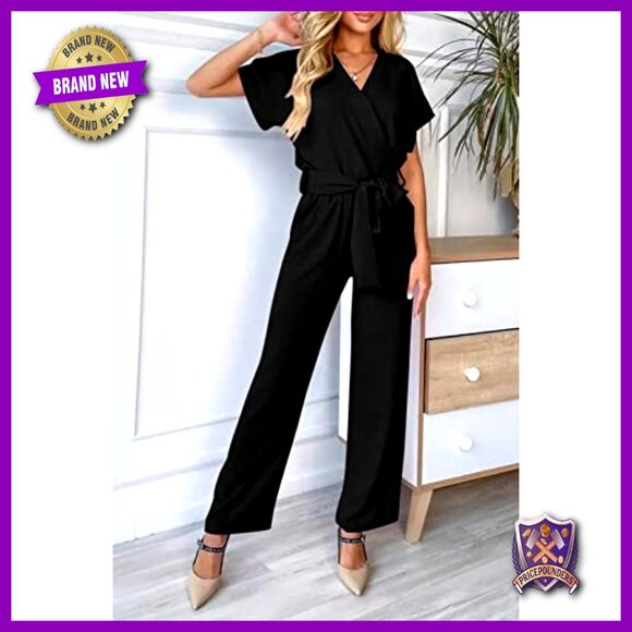 Short Sleeve Wrap V Neck Wide Leg Jumpsuit Romper Summer Casual Dressy - Picture 2 of 7